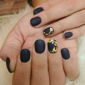Matte Black Nails with Gold Flakes