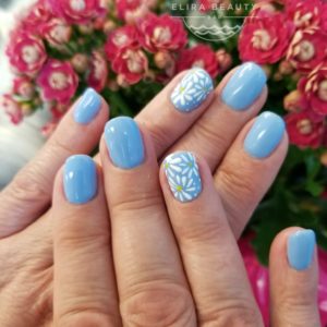 Blue Nails with Hand-Drawn Daisies
