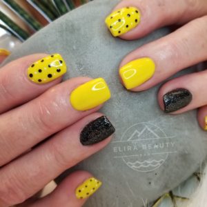 Yellow Nails with Black and White Polka Dots